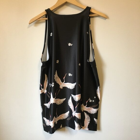 Black Sleeveless Pink and White Crane Tank Top - Picture 3 of 12